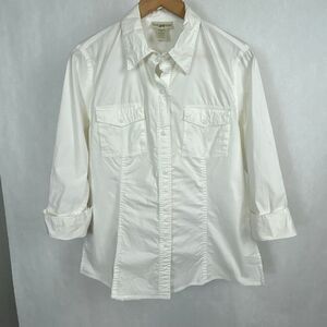 TravelSmith Button Down Shirt Womens Sz Medium White 3/4 Sleeves Cotton Spandex